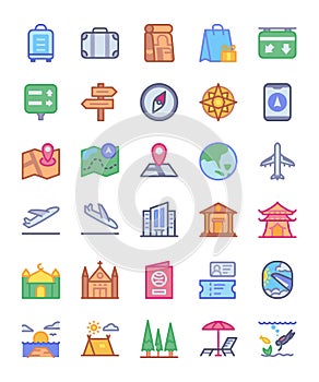 Travel icon set traffic sign diving camping airplane passport beach plane compass museum sea tree with full color style flat