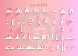 Travel Icon set of world architecture symbol with long shadow