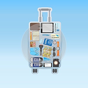 Travel icon setting in luggage shape on blue background