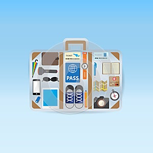 Travel icon setting in luggage shape on blue background