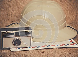 Travel icons camera airmail envelope safari hat