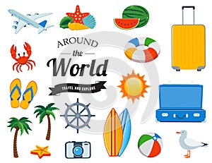 Travel icons in colorful cartoon style. Vector