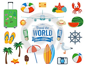 Travel icons in colorful cartoon style. Vector