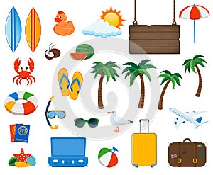 Travel icons in colorful cartoon style. Vector