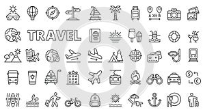 Travel icons in line design. Vacation, tourism, tour, suitcase, holiday pictograms isolated on white background vector