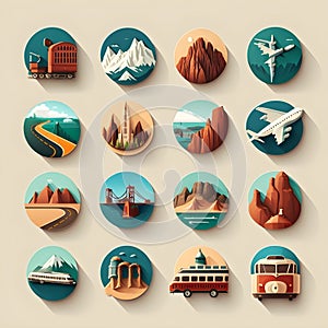 Travel icons plane train ship sea bus on a light ivory background multiple logo buttons