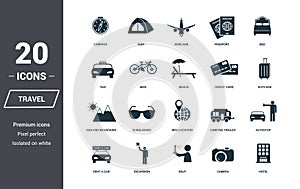 Travel icons set. Premium quality symbol collection. Honeymoon icon set simple elements. Ready to use in web design, apps, softwar