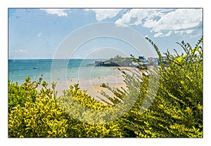 Travel illustration on canvas. Landscape by the sea on a sunny july day. Tenby Wales