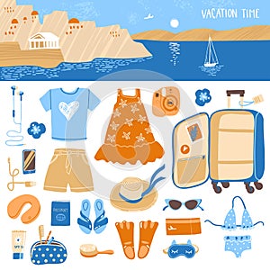 Travel illustrations elements, packing the suitcase on vacation at sea and horizontal landscape header.