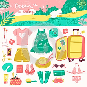 Travel illustrations elements, packing the suitcase on vacation at sea and horizontal landscape header.