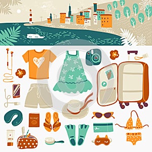 Travel illustrations elements, packing the suitcase on vacation at sea and horizontal landscape header.