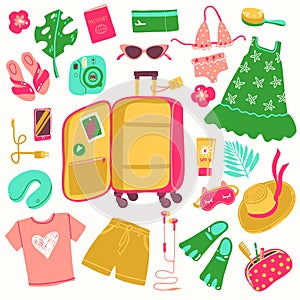 Travel illustrations elements, packing the suitcase on vacation at sea. Vector