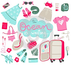 Travel illustrations elements, packing the suitcase on vacation at sea. Vector