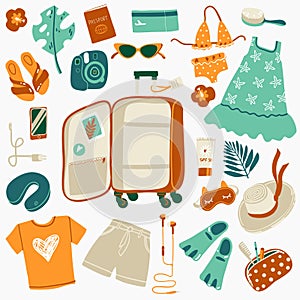 Travel illustrations elements, packing the suitcase on vacation at sea. Vector