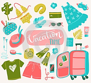 Travel illustrations elements, packing the suitcase on vacation at sea. Vector