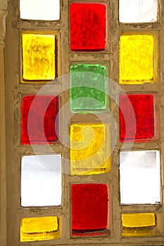 Travel India: detail of stained glass window in Hawa Mahal, Jaipur