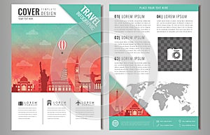 Travel information cards. Travel and Tourism brochure with famous world landmarks. Vector