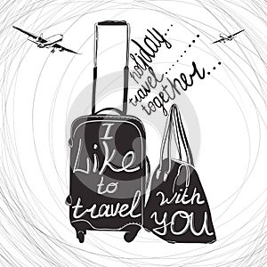 Travel inspiration quotes on suitcase silhouette. Vintage letter