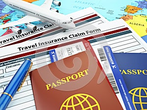 Travel insurance application form, passport and airplane on the