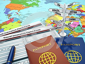 Travel insurance application form, passport and sign of destinat