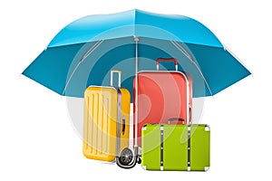 Travel insurance concept, suitcases under umbrella. 3D rendering