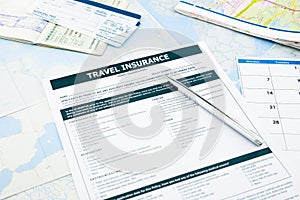 Travel insurance form, passport and tickets