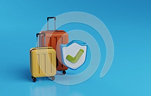 Travel Insurance with Luggage and Shield with Check Mark. 3D Render