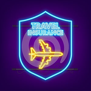 Travel insurance in neon style. Isometric vector illustration. Health insurance concept.