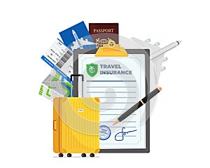 Travel insurance policy with passport, flight ticket, plane and yellow suitcase. Safe plane trip and signed contract