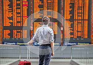 Travel with international flight, person passenger waiting in airport