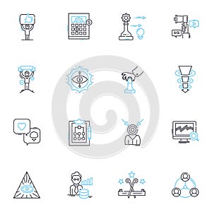 Travel itinerary linear icons set. Adventure, Backpacking, Beaches, Budget, Camping, Cities, Culture line vector and
