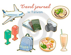 Travel Journal in Taiwan collection, airplane, passport, post box, backpack, camera, train lunch box, Taiwanese noodles