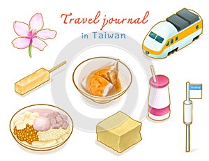 Travel Journal in Taiwan collection, sakura, express train, bus stop, yoghurt drink and Taiwanese food illustration.