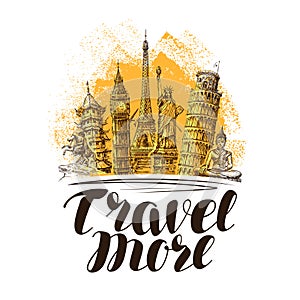 Travel, journey banner. Famous world landmarks. Sketch vector illustration