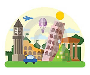 Travel, journey concept. Famous monuments of world countries. Vector illustration