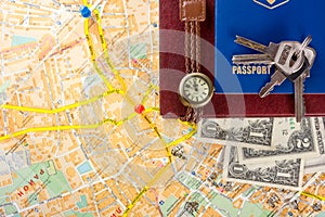 Travel journey trip consept, sights destination marked by pin on the map. Copy space