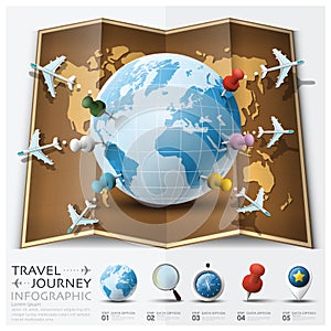 Travel And Journey World Map With Point Mark Airplane Route Diagram Infographic