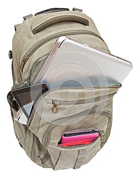 Travel knapsack with mobile devices isolated