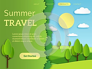 Travel landing page. holiday travelling mobile reservation web app design with paper recreation horizon landscape vector