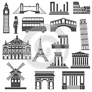 Travel landmark black icons set