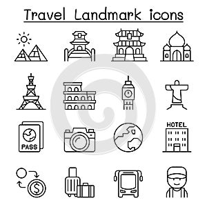 Travel landmark icon set in thin line style