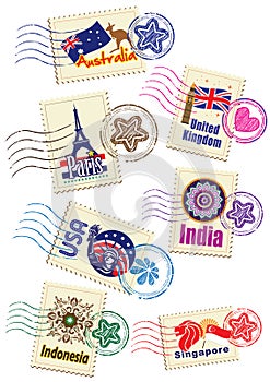 Travel landmark icon stamp set