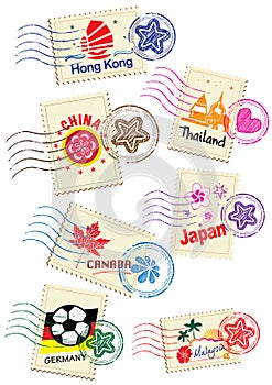 Travel landmark icon stamp set