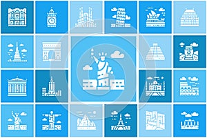 Travel Landmark icons set. Egypt, Italy, United Kingdom, France, India, USA vector illustration for advertisement