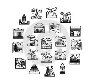 Travel Landmark line icon set. Egypt, Italy, United Kingdom, France, India, USA icons in a circle isolated on white