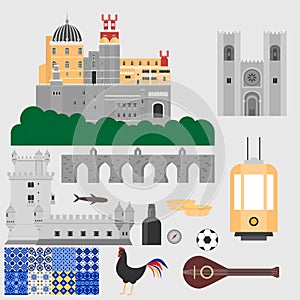 Travel landmark Portugal elements. Flat architecture and building icons Tower Belem, Sintra castle Pena Palace, aqueduct of freedo