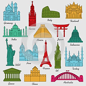 Travel landmarks colorful linear icon set. Vector Illustration