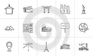 Travel landmarks hand drawn outline doodle icon set.
