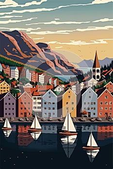 Travel landscape design, beautiful town near water sailing in boats recreation vector flat illustration