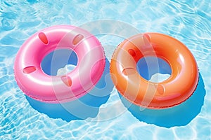 Round inflatables rubber swimming rings in pool. Generative AI